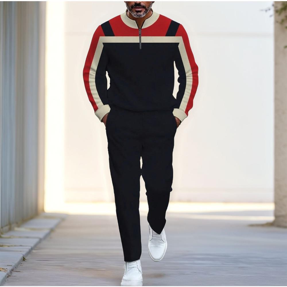 Весенне-осенние модные мужские комплекты с 3D-принтом, мужская повседневная спортивная одежда из двух предметов с воротником-стойкой на молнии