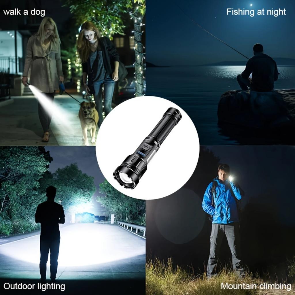 2000LM Powerful Zoom LED Flashlight with COB Side Lights 7 Modes Type-c Rechargeable Torch Lights Outdoor Emergency Lantern