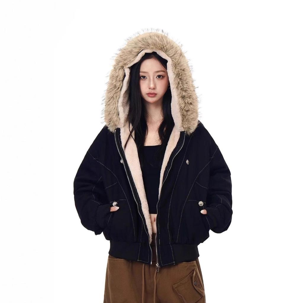 Унисекс ретро хлопковая куртка с капюшоном, пэчворк, меховой воротник – Зимний дизайн, короткая верхняя одежда с флисовой подкладкой.