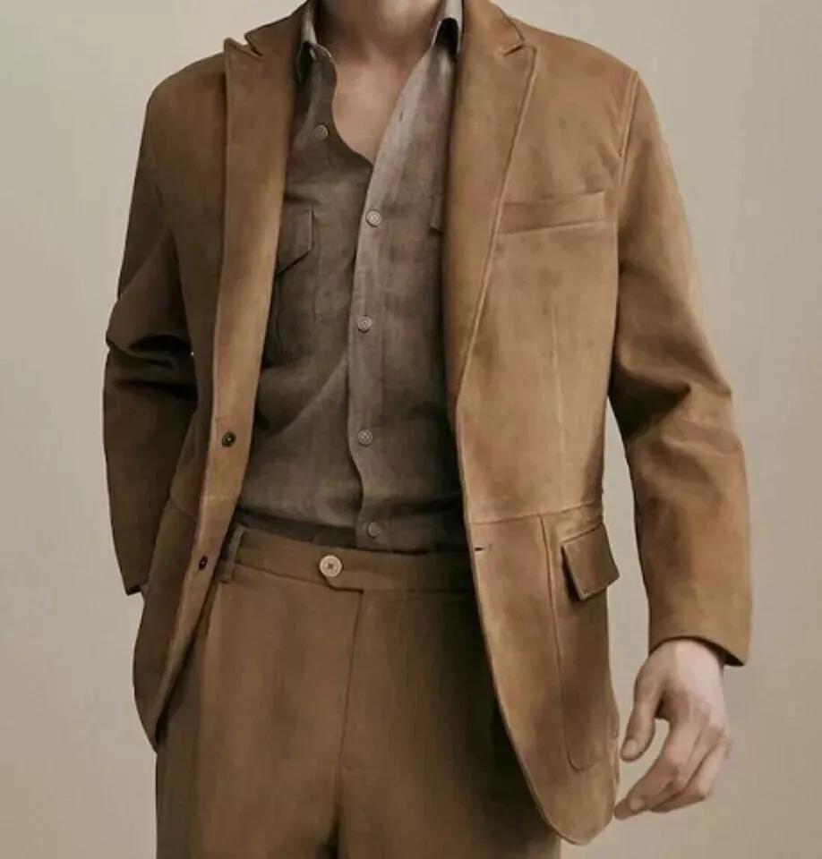 Stylish Handmade Formal Design TAN Men's Real Soft Lambskin Suede Leather Blazer