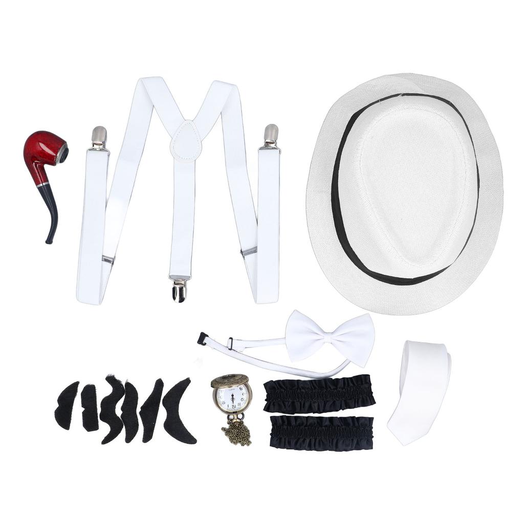 8 Pieces 1920s Grandpa Old Man Costumes Set with Suspenders Hat Watch Pipe Bow Tie Glasses Beard Kid