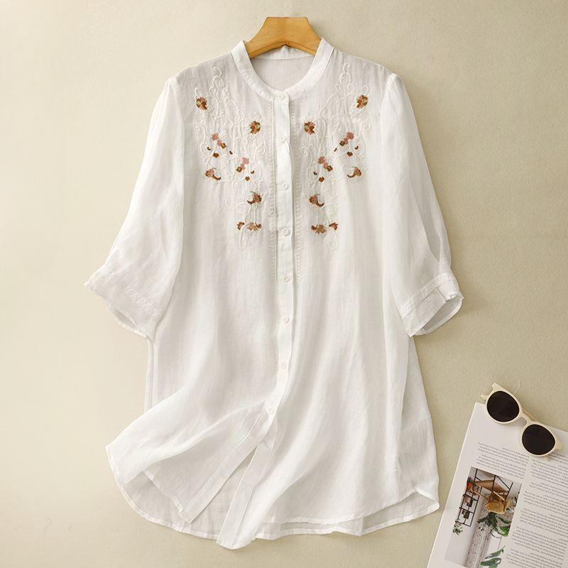 Floral Embroidery Long Shirts Women O Neck Casual Cotton Linen Shirt Loose Summer Blouses Sum Protection Tops
