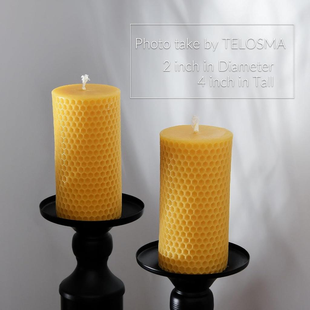 Pure Natural Beeswax Pillar Candles Bulk - Pack of 6 - Honeycomb Surface, No Scent- for Emergency/Prayer/Relax (2inch Diameter, 4 inch Tall - Yellow)