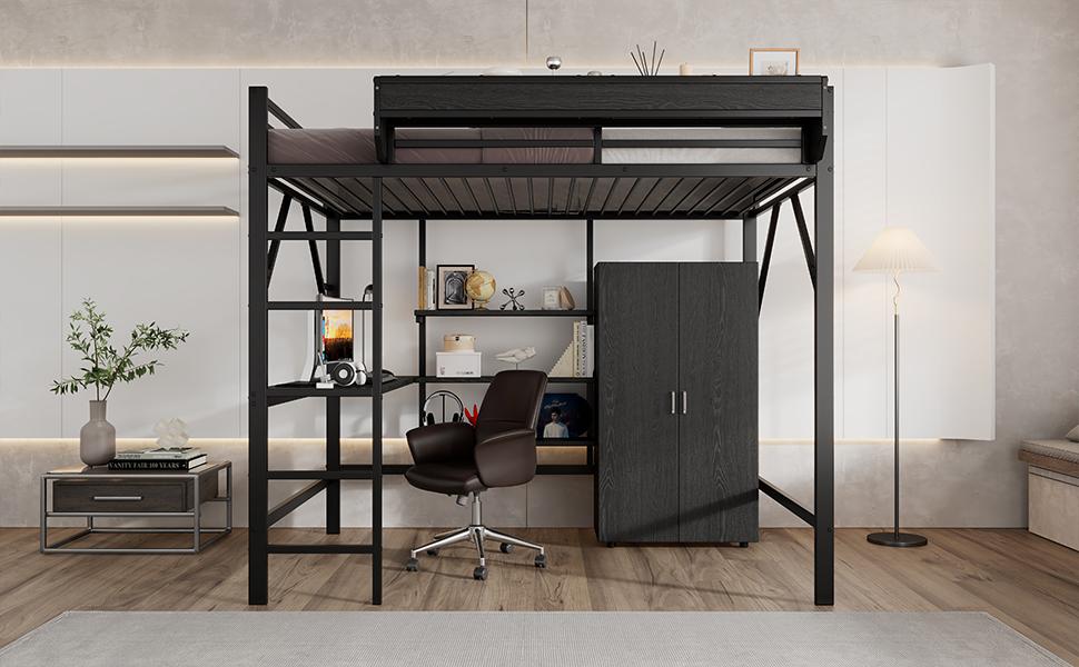 Iron Bed, Loft Bed, Double-Layer Storage Under the Desk, Upper Bed with Storage, With Wardrobe, Iron + MDF, Black, 140x200cm