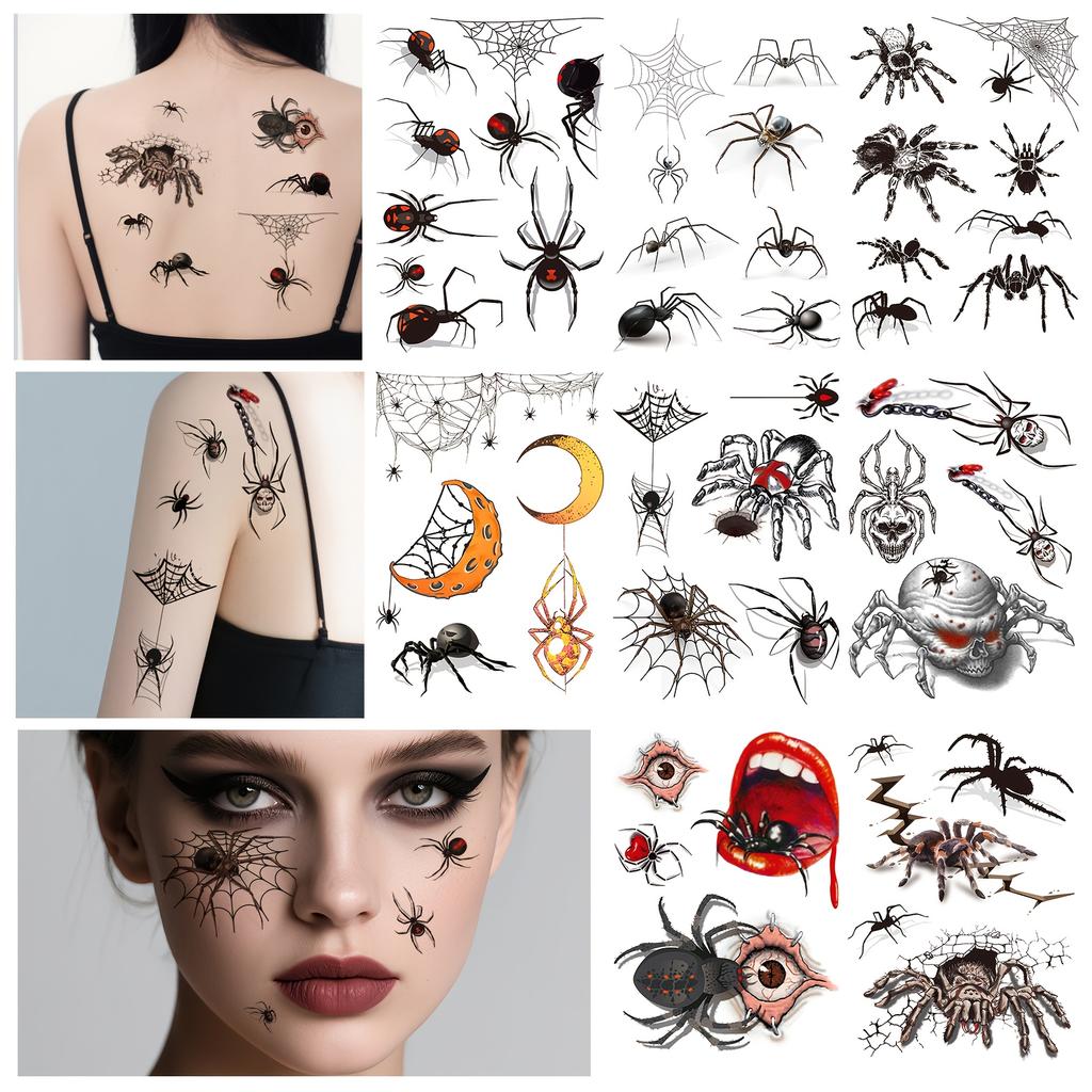 8PCS Halloween Temporary Tattoo - Designs for evil spiders, bats, pumpkins, etc., for face painting, party gifts, and decorations