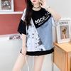 Women's Mid-Length 2025 Denim Patchwork Cotton T-Shirt - Plus Size, Short Sleeve, Round Neck for Summer