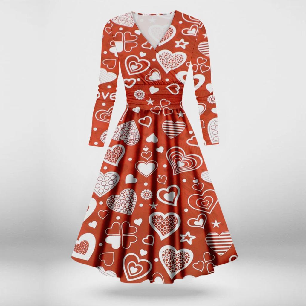 Ladies Fashion Casual Valentine's Day Print Long Sleeve V-neck Sexy Dress