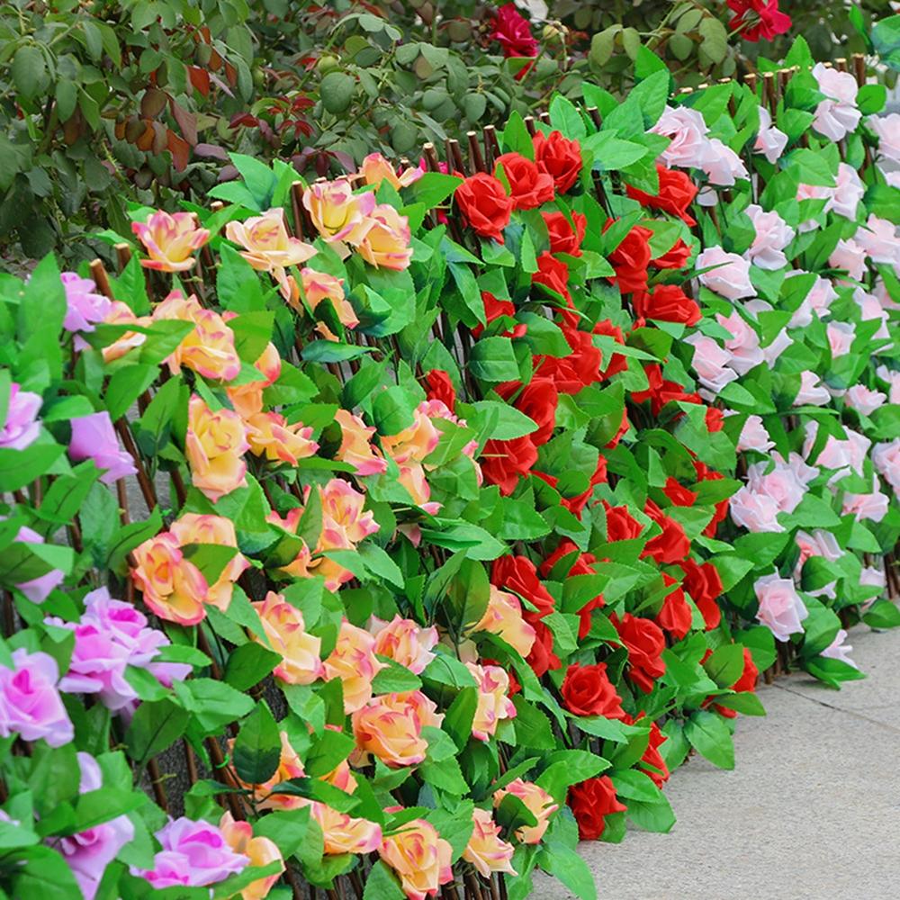 Расширяющаяся решетка, искусственная роза, цветочный сад, стена, лист, деревянный телескопический забор