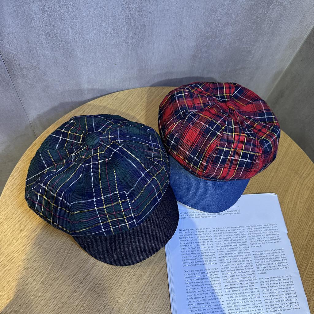 Cotton Retro Twill Spliced Checkered Beret Cap With Curved Brim For Wear Casual