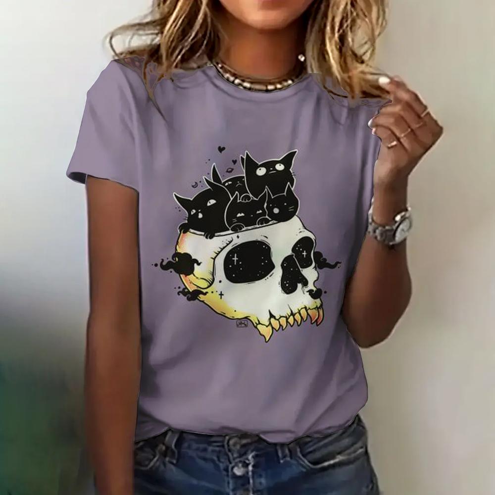 Новая женская одежда футболка летняя мода круглый вырез короткий рукав кошачий принт топ повседневная свободная одежда женская футболка