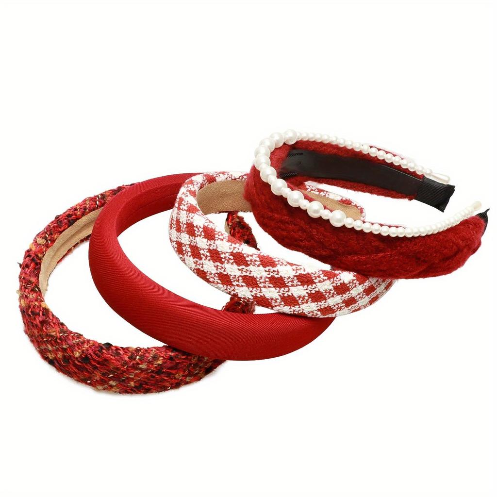 5pcs New Year Hair Band Fashion Headbands Set Red Wide Pearl Rhinestone Padded For Women Mothers Day Valentine'S Day Christmas Gift Decoration