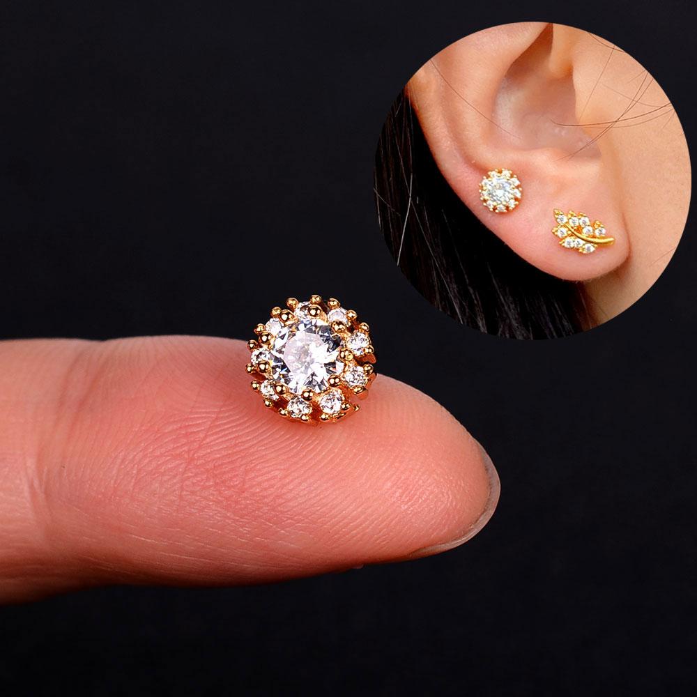 1pcs New Style Stainless Steel Ear Piercing Cz Stud Earrings Snake Moon Round Ball Arc Cartilage Helix Conch Screw Back Earring