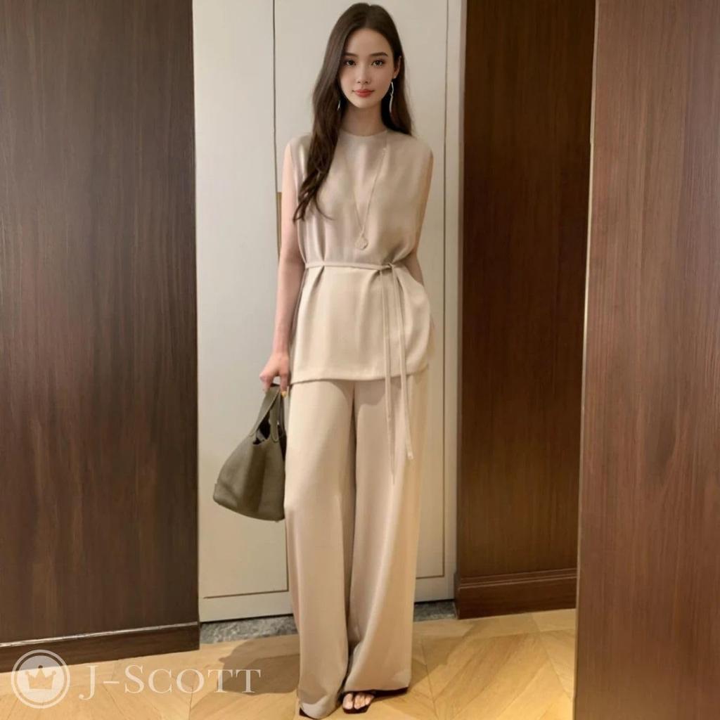 J-Scott Women's Sleeveless Wide-leg Pants Set, High-Waisted, Beautiful Silhouette, Chic, Beige, JS171-BG-M