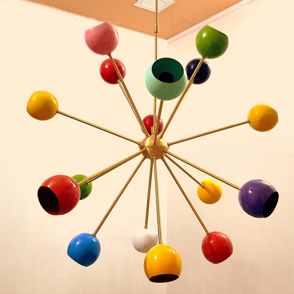 Mid Century Style Multicolored Eyeball Shade Light Brass Chandelier Sputnik Chandelier 16 Arms Brass Decorative Light
