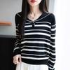 Navy Collar Striped Knitted Sweater Women's Age Reduction Sweater Bottom Shirt Loose Lyocell Lapel Long Sleeve Top Women's