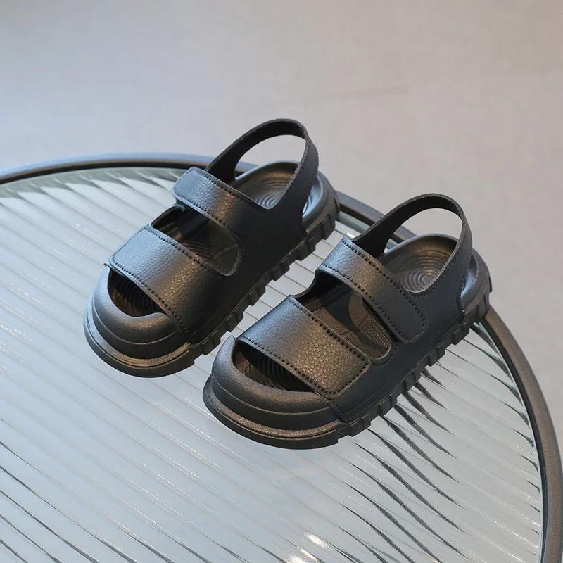 Girls Sandals Boys Beach Shoes 2024 New Kids Fashion Casual Shoes Solid Color Anti-kick Children Beach Sandals for Summer PU