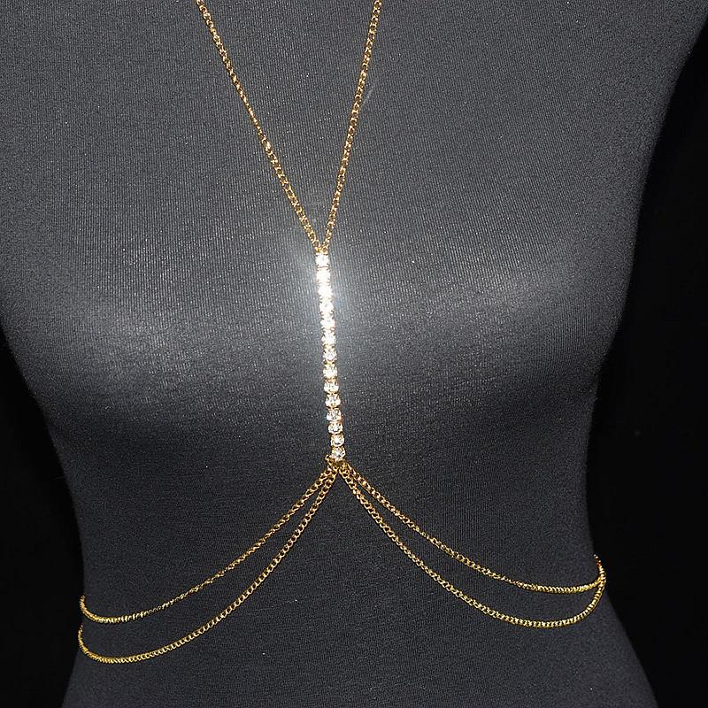 Shiny Sexy Chest Bra Chain Beach Bikini Hanging Neck Waist Ornament Women's Simple Rhinestone Embedding Body Chain Jewelry