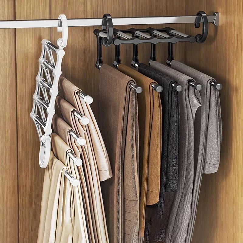 5 In 1 Magic Trouser Rack Hangers Stainless Steel Folding Pant Rack Tie Hanger Shelves Bedroom Closet Organizer Wardrobe Storage