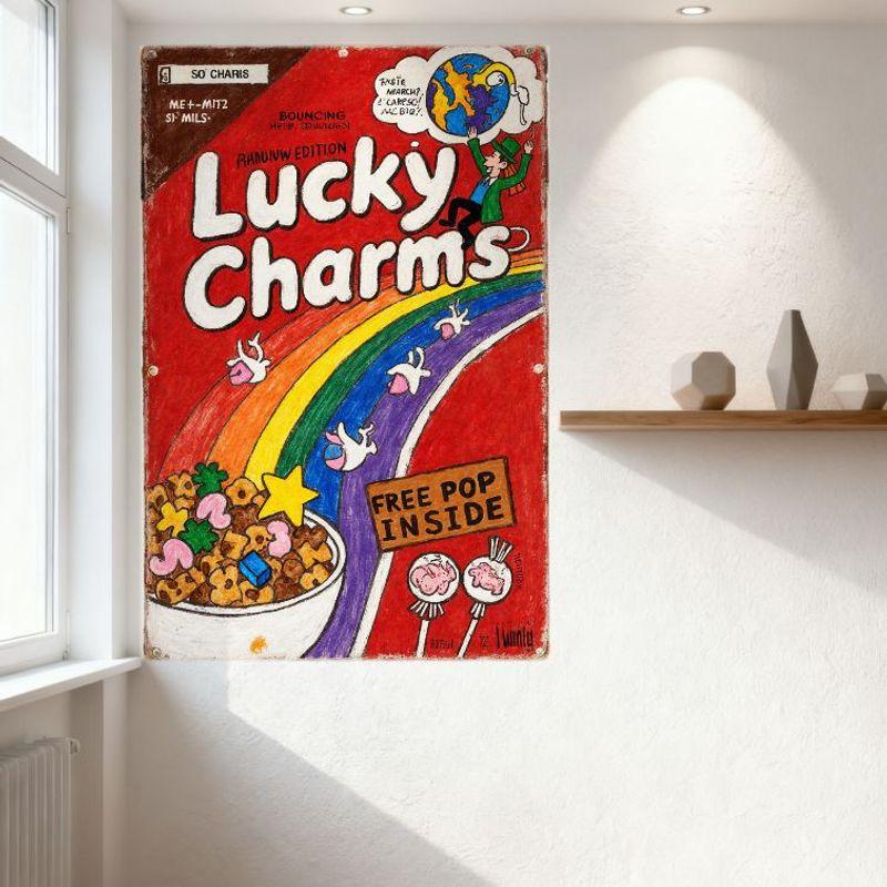 Vintage Lucky Charms Rainbow Edition Metal Tin Sign Retro 50 Charms Leprechaun Marshmallows Art Plaque for Home Bar Café Decor