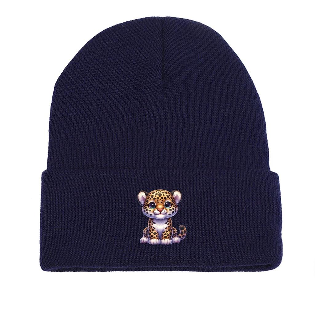 Cartoon Leopard Warm Knitted Cap Beanie, Man Cap Elastic Warm Leisure Bobble Hat Knit Hat Beanie