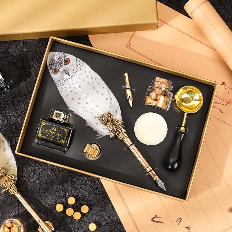 Magic Academy Quill Dip Pen Set with Wax Seal Kit, Owl Feather Pen Creative Gift, Writing Instruments Gift Box