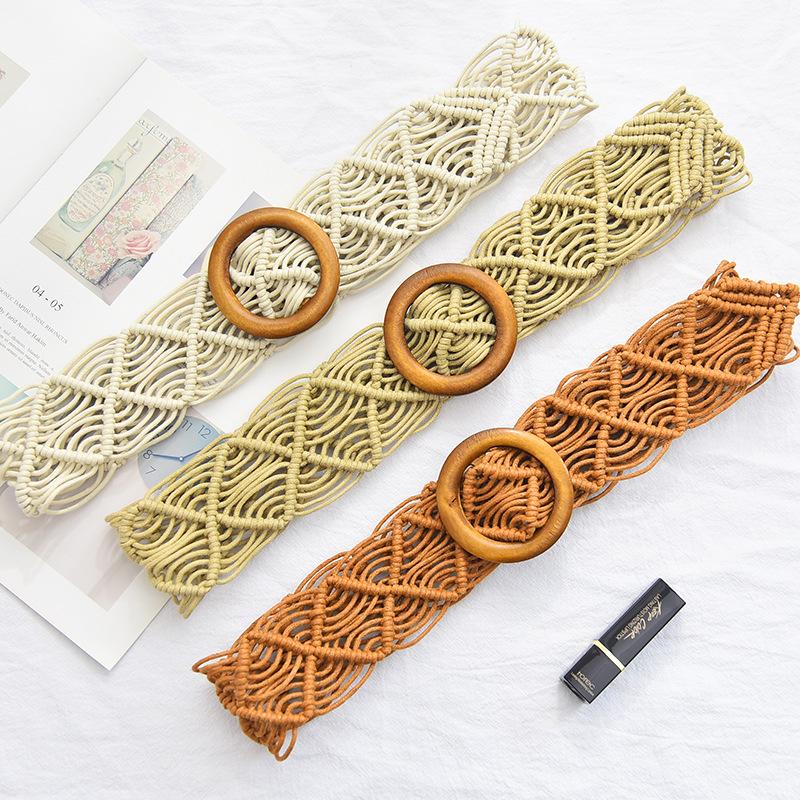 Retro Wax Rope Knotted Woven Wide Belt Belt Large Round Buckle Ethnic Style Super Wide Waist Seal Decorative Belt