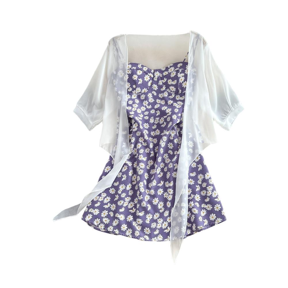 Women Summer Floral Print Two Piece Slim Vacation Elegant Ladies A Line Short Dress