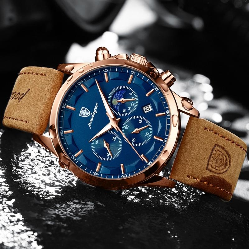 Новейшие модные спортивные часы, многофункциональные стрелки, водонепроницаемый светящийся кожаный ремешок, три дисплея с календарем, роскошные мужские часы