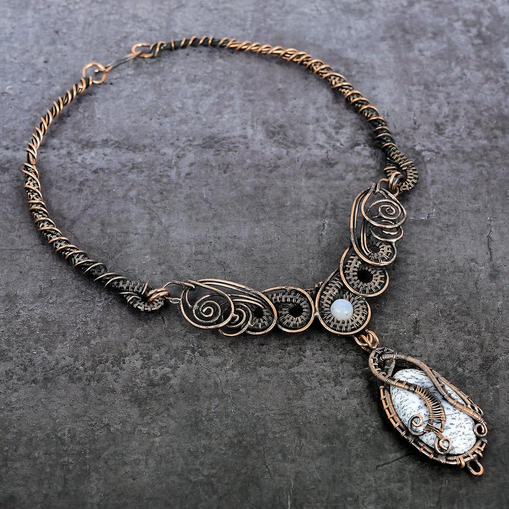Ожерелье из натурального дендрита и опала, лунного камня, медная проволока, 18 дюймов, s3a77