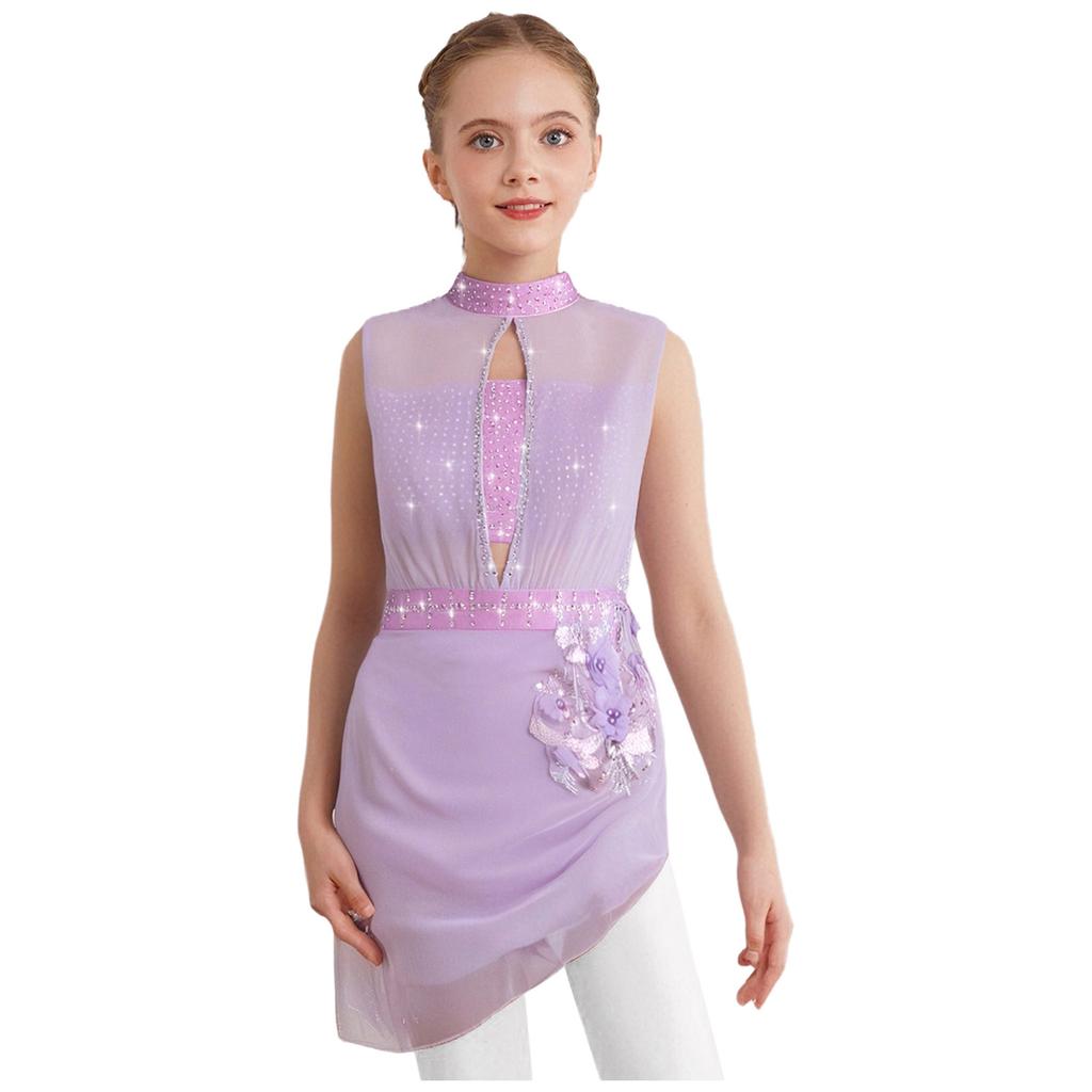 Girls Dance Costume Sleeveless Backless Design Sheer Mesh Overlay Sparkle Rhinestone Asymmetrical Skating Dress