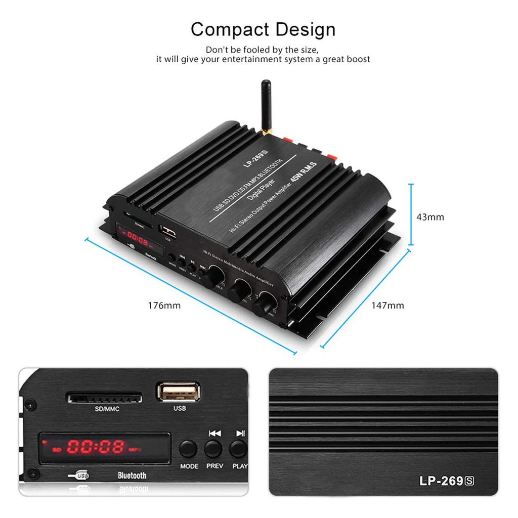 Автомобильный усилитель Bluetooth, цифровой проигрыватель HIFI, стереозвук, мощность 2 канала, 45 Вт, поддержка домашнего мультимедиа, SD, USB, FM, MP3, DVD, CD, LP-269S