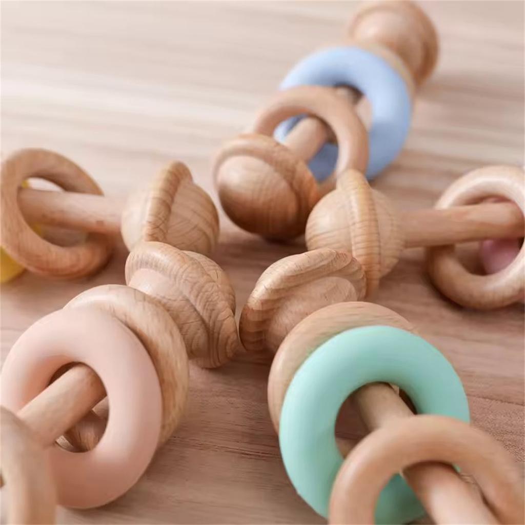 Baby Toys Wooden Rattles Silicone Ring Baby Rattles and Mobiles 0 12 Months Sensory Toys for Baby Wooden Teether for Baby Gifts