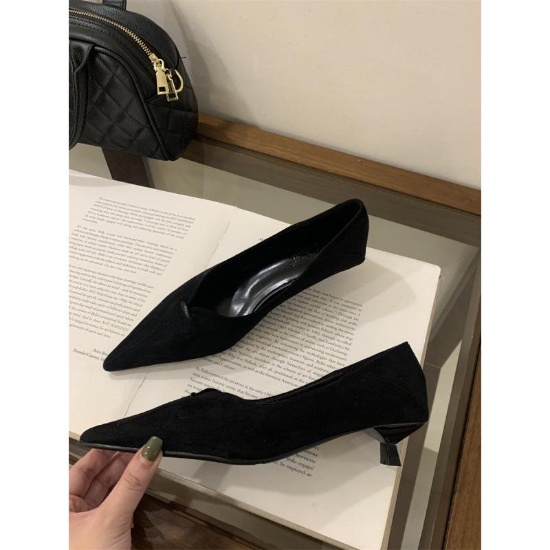 2025 New Pointed Suede Cat Heel High Heels Women's Thin Heel Shallow Mouth Single Shoes Autumn Versatile Professional Work Shoes