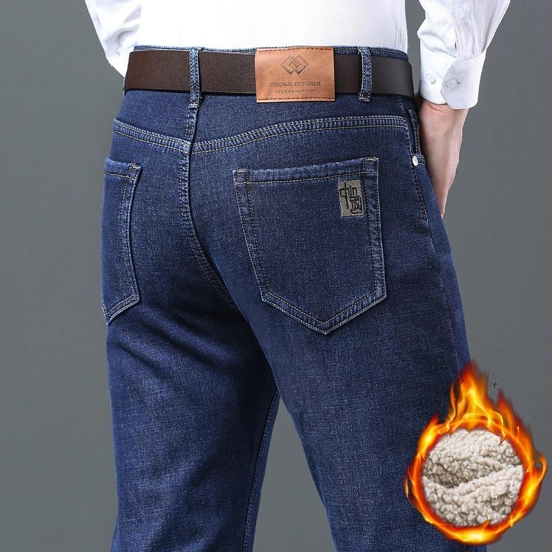 2025 Мужские деловые модные теплые прямые флисовые джинсы классического стиля зимние утолщенные джинсовые брюки повседневные брюки мужские