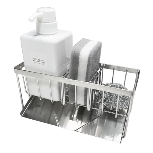 Kiranic Sponge Holder, Sponge Rack with Two Movable Dividers, Stainless Steel, Rust-Resistant, Bottle Holder, Detergent Holder, Scrubber Holder, Spong