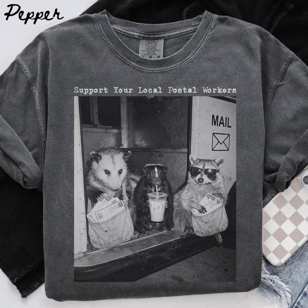 Comfort Colors Postal Worker Raccoon Shirt, Mail Carrier Gifts, Possum Funny Tshirt, Iced Coffee Mail Carrier Tee, Crew Neck, Women