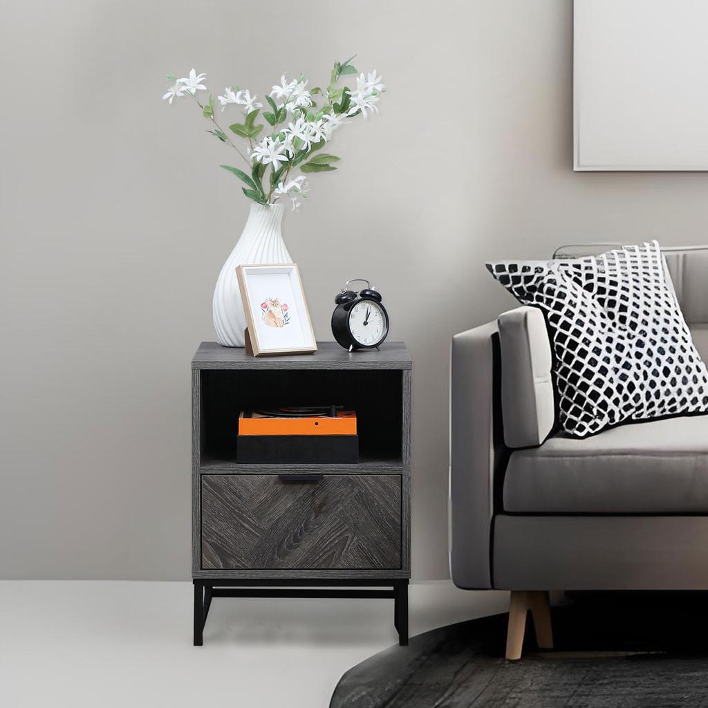 Bedside Table with Drawer and Shelf, Side End Table with Steel Legs for Living Room, Bedroom, Dark Grey
