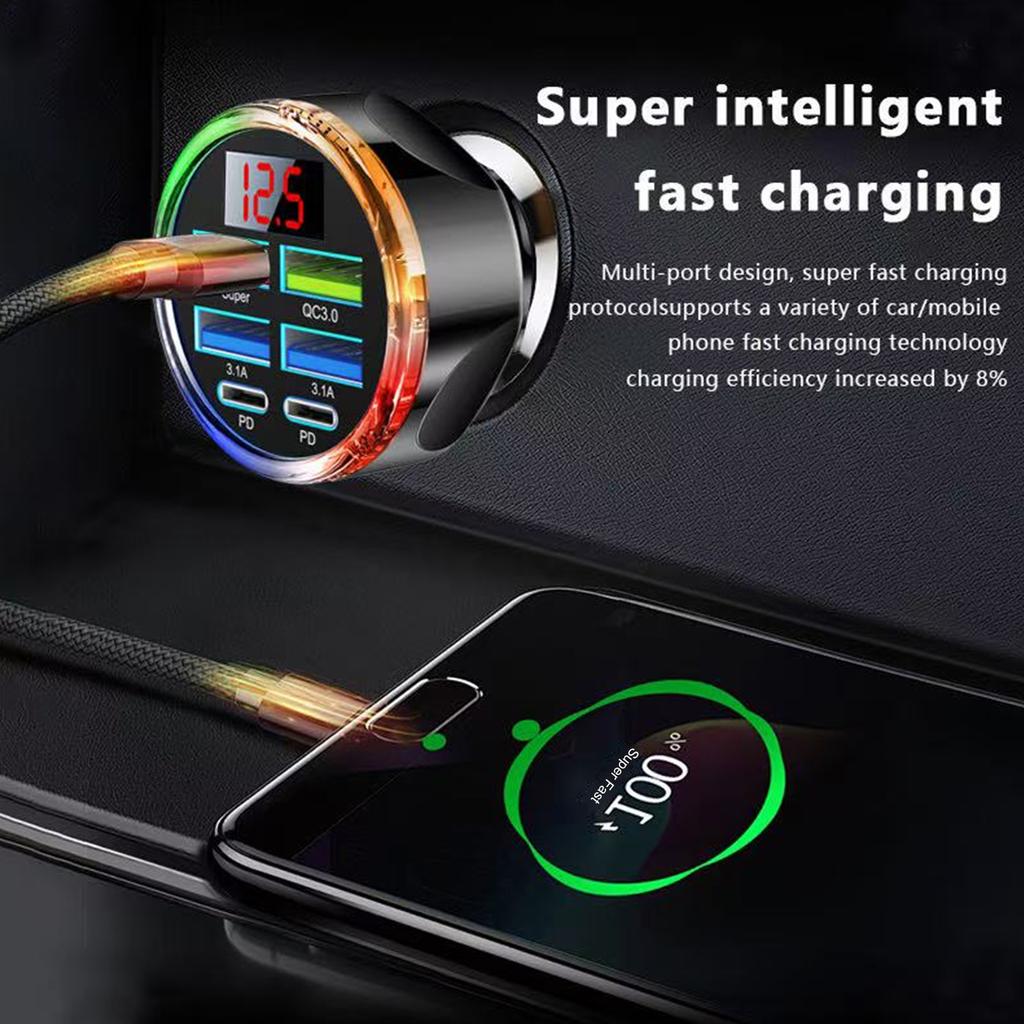 Автомобильное зарядное устройство UYUXIO с несколькими портами USB C, 6 в 1, с дисплеем напряжения, быстрая зарядка с вольтметром для iPhone 17 16 Samsung