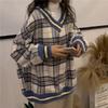 Loose Chic Plaid Spring Hoodies New Korean V-neck Tops Ins Harajuku Vintage BF Simple Hedging Casual Female Sweatershirt