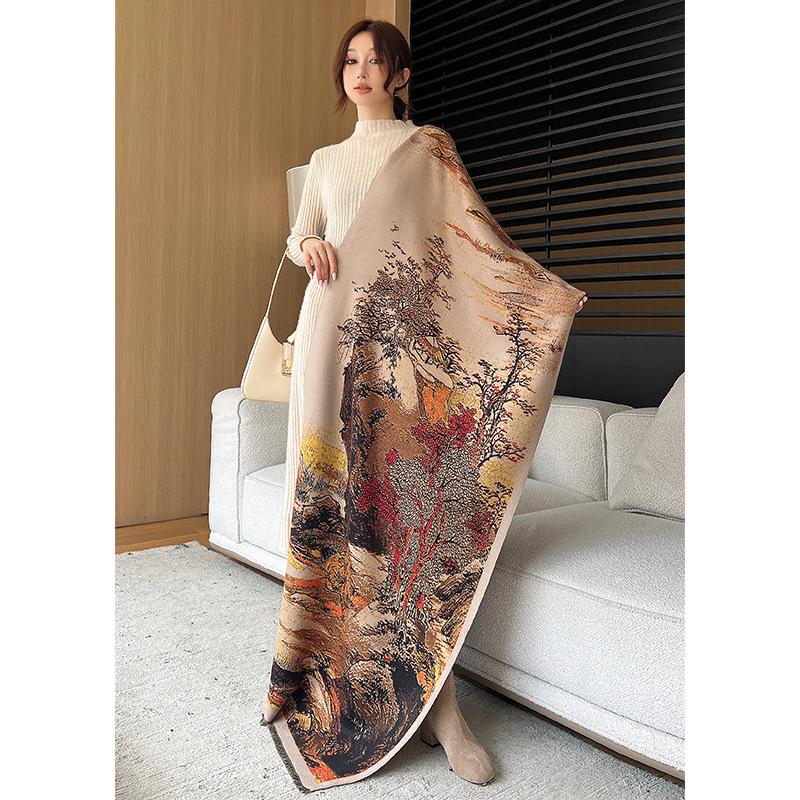 Имитация кашемирового шарфа для женщин на осень и зиму, изысканный модный шарф с китайской живописью, универсальная теплая шаль с кистями высокого класса