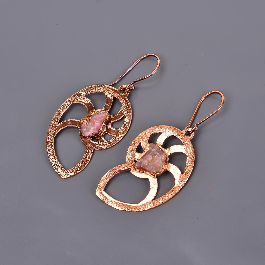 Натуральный розовый сапфир медь висячие серьги подарок дочери гальванопластика ювелирные изделия V-103