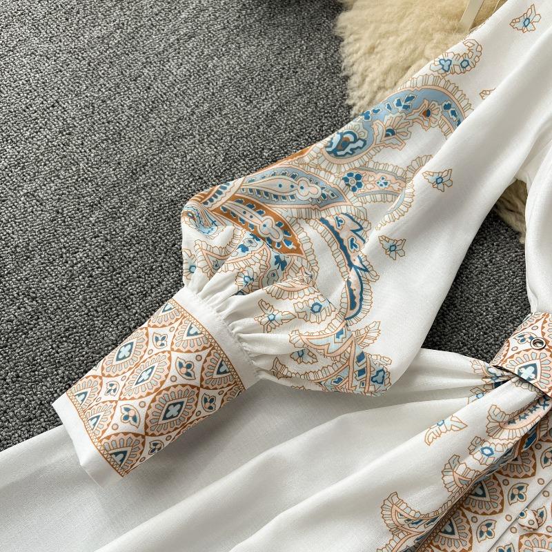 Hikigawa Chic Fashion Women Elegant Stand Collar Belted Slim Waist Dresses Vintage Single Breasted Print Vestidos Mujer