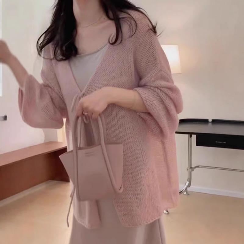 Весенний новый тонкий кружевной кардиган средней длины на шнуровке, с нежным вязаным узором, свободный, мягкий, восковой, солнцезащитный жакет женский