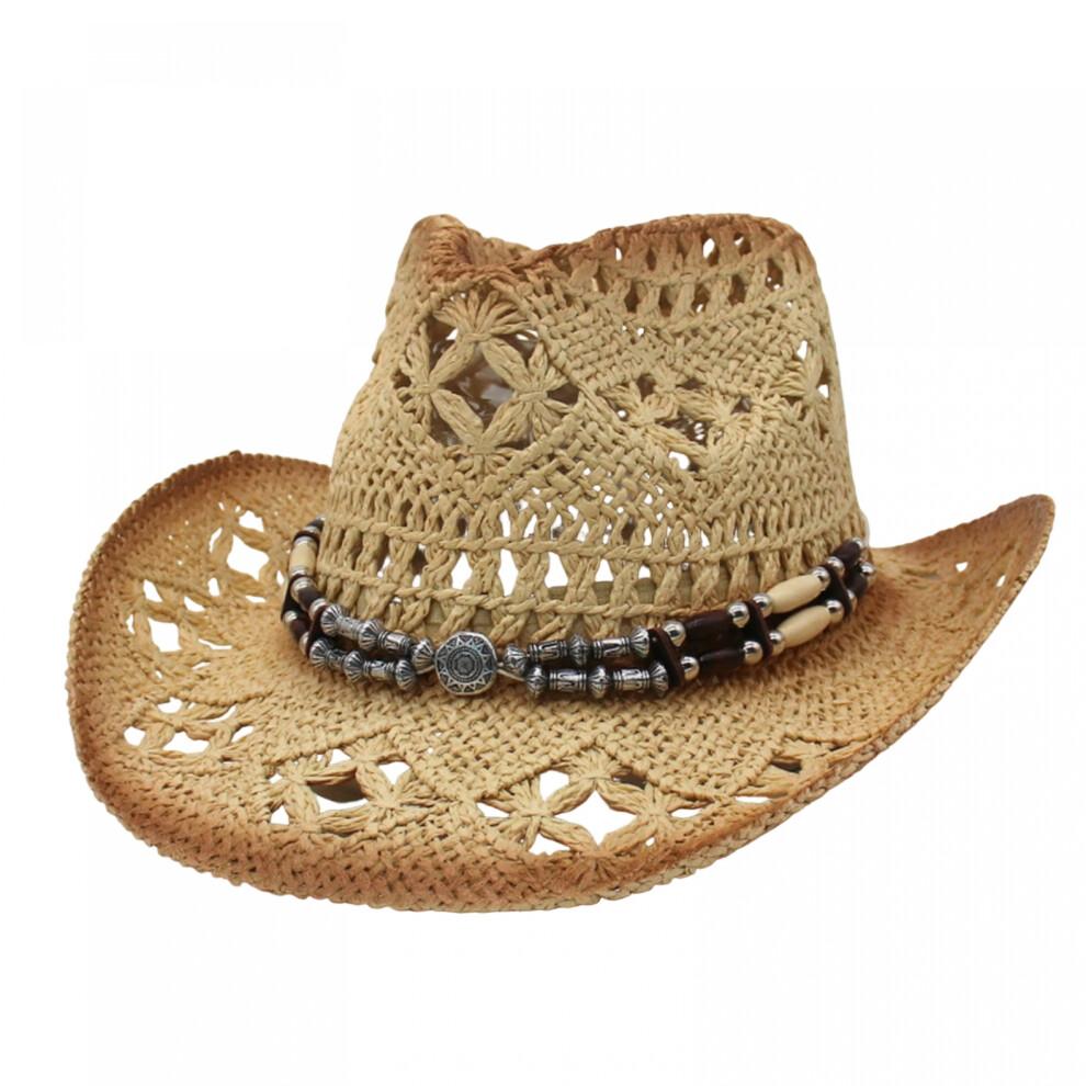 (L, Khaki) Cowgirl Hats for Women Men Outdoor Western Hat Wide Brim Straw Sun Hat with Beaded Ropes