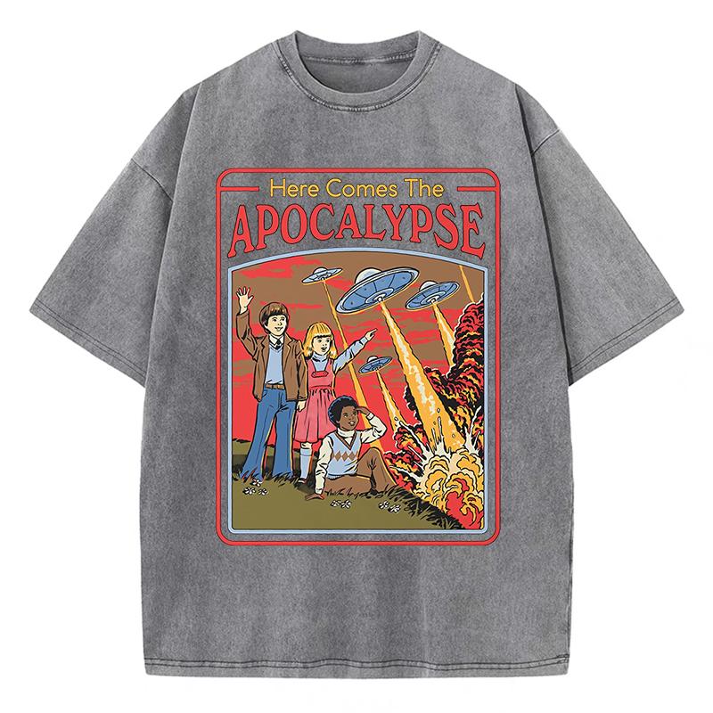 Here Comes The Apocalypse Ufo Washed Retro Мужская одежда Oversize Quality Streetwear Fashion Cotton Tops T Shirt