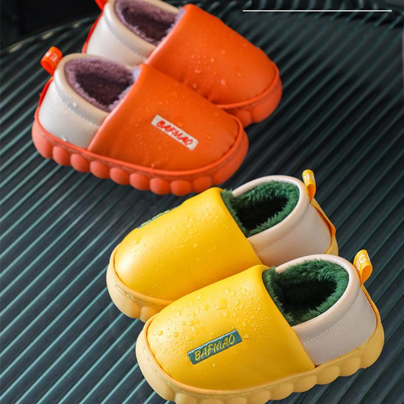 Winter PU Waterproof Children Cotton Slippers Girl Parent-child Warm Baby Slippers Home Indoors Shoes Solid Boy Bedroom Slippers