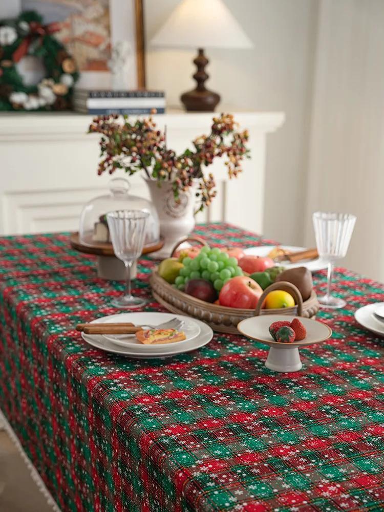Christmas Tablecloth Green Plaid Snowflake Cotton Linen Rectangular Table Cover New Year Gifts Dining Living Room Table Decor