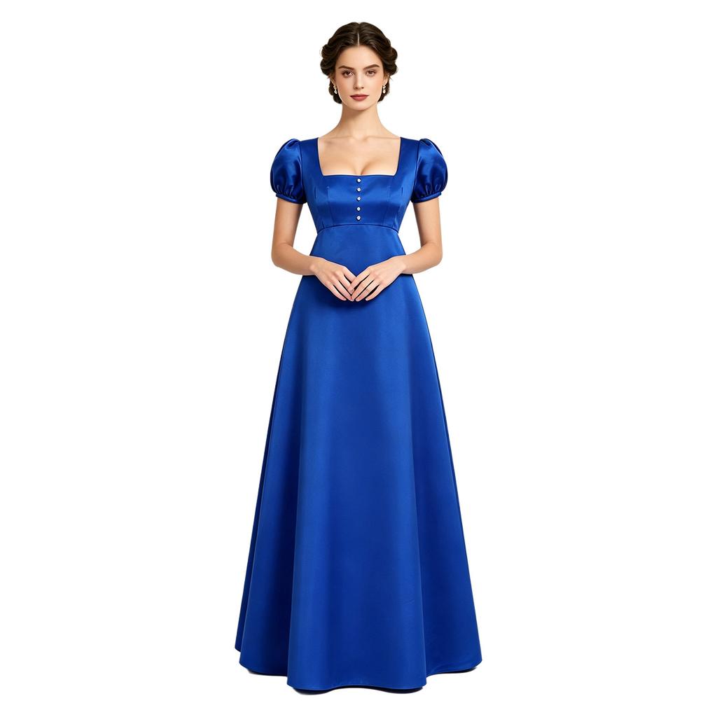 Women Party Formal Dress Retro Regency Square Neck Faux Pearl Decor Puff Sleeve Empire Waist Satin Maxi Gown Back Button
