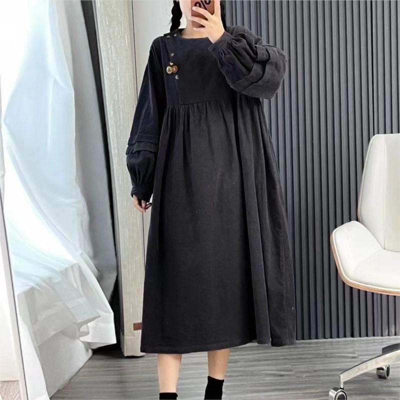 Johnature Японское лесное вельветовое платье осеннее круглое повседневное женское платье Mori с брошью
