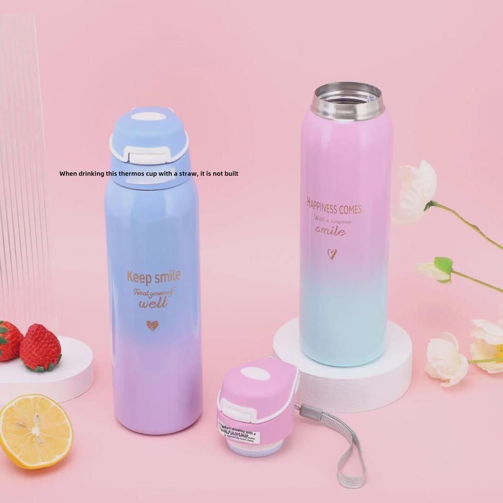 Термокружка с градиентным цветом и трубочкой Duckbill - 500 мл, корейский дизайн, нержавеющая сталь